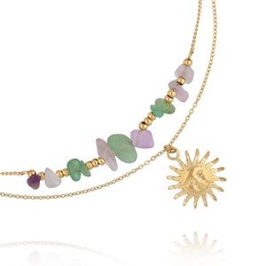 Sun Pendant Layered Necklace with Natural Gemstones